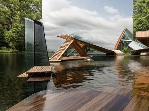 Architectural pavilion built in the middle of nature... The materials with which it was built is mainly wood and glass... Vegetation integrated into the pavilion... on one side a beautiful lake,moveab