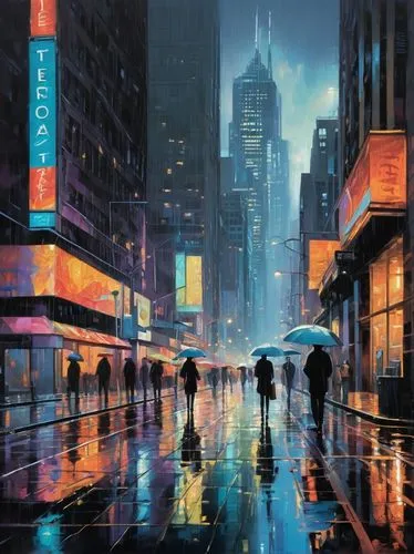 bladerunner,cityscape,polara,struzan,cyberpunk,kinkade,cityzen,cybercity,metropolis,cityscapes,mondo,blue rain,pedestrian,cyberscene,deodato,kowloon,night scene,monsoon,jablonsky,mongkok,Conceptual Art,Oil color,Oil Color 10