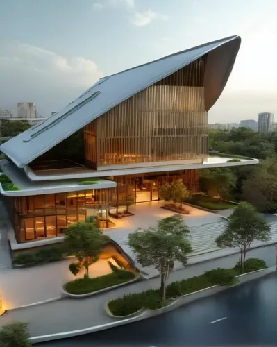 Recorrido exterior en alrededores del edificio,an aerial view of a modern building by the water,futuristic art museum,futuristic architecture,shenzhen vocational college,soumaya museum,asian architect