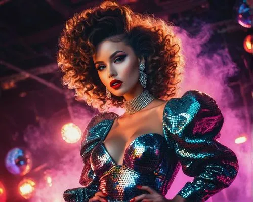 Glamorous 80's fashion model, solo, (25yo), big hair, volume curls, bold red lips, heavy eyeshadow, thick eyeliner, false lashes, glamorous evening gown, low-cut neckline, puffy sleeves, sequins, bead