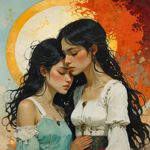 reinas,sun and moon,wlw,garamantes,rhinemaidens,maidens,Illustration,Paper based,Paper Based 19