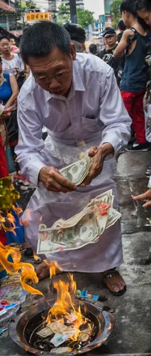 "28 AUGUST 2015 - BANGKOK, THAILAND:  A man burns paper clothes and ""ghost money"" for his  ancestors, now ghosts, on Hungry Ghost Day in Bangkok's Chinatown. Mahayana  Buddhists believe that the gat