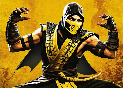 scorpion,shaolin kung fu,wu,wushu,yellow and black,kendo,siam fighter,sultan,assassin,male mask killer,ninjago,cartoon ninja,xing yi quan,shinobi,botargo,sambo (martial art),ninja,ninjas,kungfu,bandana background,Illustration,Retro,Retro 15