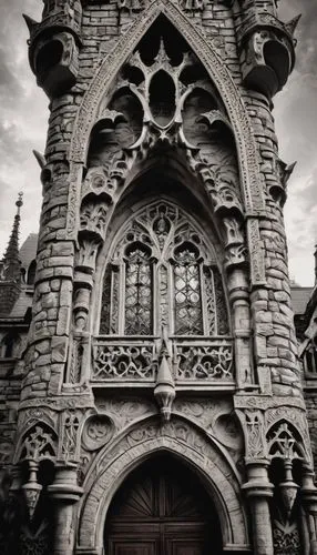 Historicist architecture, grandiose, ornate details, Baroque style, intricate carvings, Romanesque arches, Gothic spires, rusticated stone walls, ornamental facades, symmetrical composition, dramatic 