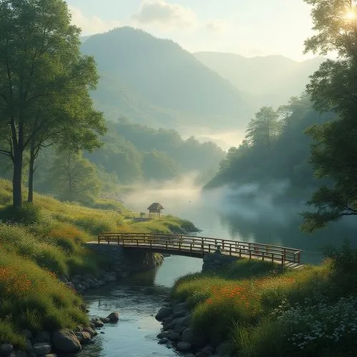 Serene landscape integration, harmonizing with surroundings, rolling hills, lush greenery, vibrant wildflowers, trees with varying heights, gentle streams flowing into a peaceful lake, wooden bridge c