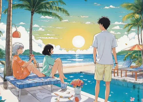 dream beach,kawaii people swimming,studio ghibli,summer day,summer background,summersun,idyllic,sea beach-marigold,honolulu,summer,in the summer,芦ﾉ湖,ocean paradise,holiday complex,aqua studio,would a background,summer sky,lover's beach,paradise beach,summer season,Illustration,Japanese style,Japanese Style 04