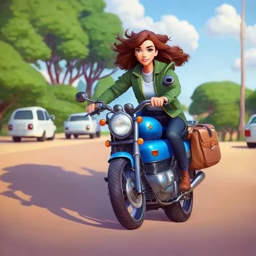 merida,travel woman,woman bicycle,motorbike,cute cartoon character,animated cartoon,motorcycles,scooter riding,motorcycle,cute cartoon image,motorcycle tour,cg artwork,courier driver,traveler,girl wit