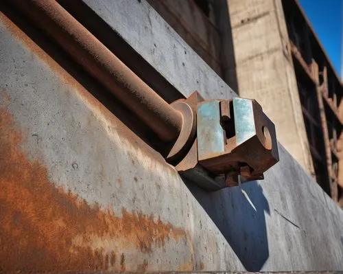 Architectural bolt, metallic material, industrial texture, detailed nut and washer, rusty patina, worn-out surface, urban setting, cityscape background, concrete wall, steel beam, construction site, m