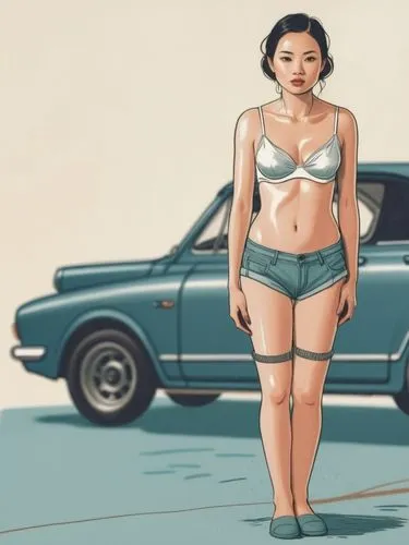 Line drawing of a human female and a car.
,a woman that is standing in front of a car,girl washes the car,girl and car,lada,muscle car cartoon,simca,corolla,Illustration,Vector,Vector 03