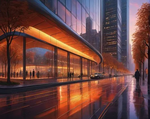 Futuristic consilium, urban design, sleek architecture, steel beams, glass facade, curved lines, neon lights, cityscape, metropolitan area, evening time, sunset, warm orange lighting, misty atmosphere