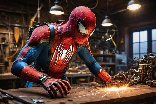 spider-man,spiderman,spider man,bicycle mechanic,digital compositing,repairman,marvel,marvel comics,spider network,spider silk,angle grinder,web element,spider the golden silk,marvels,ironworker,superhero background,web designer,webbing,spider,welder,Art,Classical Oil Painting,Classical Oil Painting 28