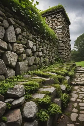 Ancient gabion wall, stone architecture, medieval setting, rugged terrain, overgrown with ivy, moss-covered stones, worn-out pathways, dramatic cloudy sky, warm afternoon lighting, 3/4 composition, lo