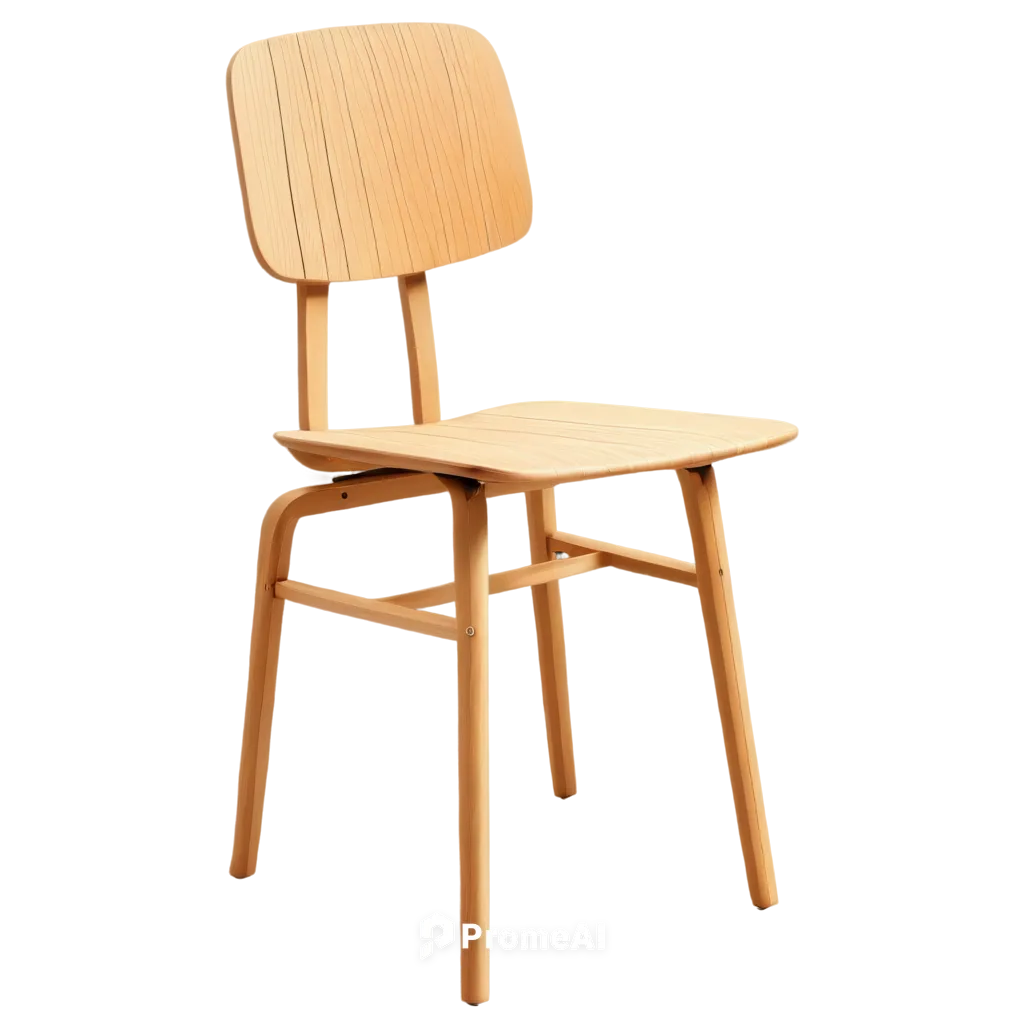 Simple wooden chair, low-angle view, minimalist design, straight legs, flat seat, backrest with vertical slats, armless, natural wood texture, warm beige color, soft pencil shading, subtle gradient ef