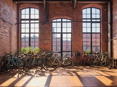 parked bikes,bike city,bicycles,bikes,bike land,cyclery,road bikes,brickyards,brickworks,row of windows,old windows,bicyclists,redbrick,cyclers,cyclecars,red brick wall,parked bike,cyclorama,red brick,freight depot,Art,Classical Oil Painting,Classical Oil Painting 33