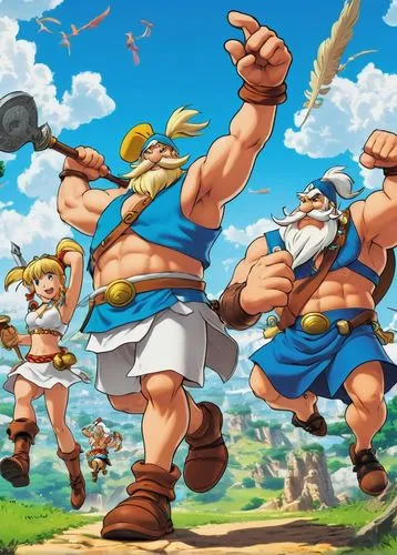 nikuman,game illustration,straw hats,popeye village,kongas,cg artwork,calm usopp,popeye,monsoon banner,takikomi gohan,playmat,one piece,dragon slayers,april fools day background,game characters,dragonball,game art,goku,hercules,barbarian,Illustration,Japanese style,Japanese Style 03