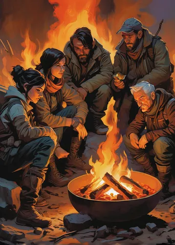 campfire,campfires,fire bowl,camp fire,scouts,bonfire,fireside,november fire,feuerzangenbowle,boy scouts of america,boy scouts,warsaw uprising,firepit,stalingrad,warmth,game illustration,fire pit,children of war,fire ring,warming,Conceptual Art,Oil color,Oil Color 04