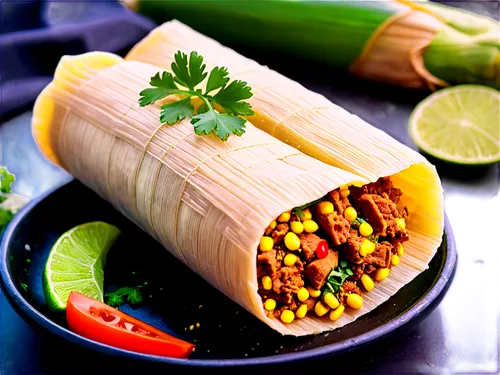 Traditional Mexican tamale, steaming hot, wrapped in corn husk, filled with spicy pork or chicken, topped with fresh cilantro, vibrant yellow and green colors, soft focus, shallow depth of field, warm