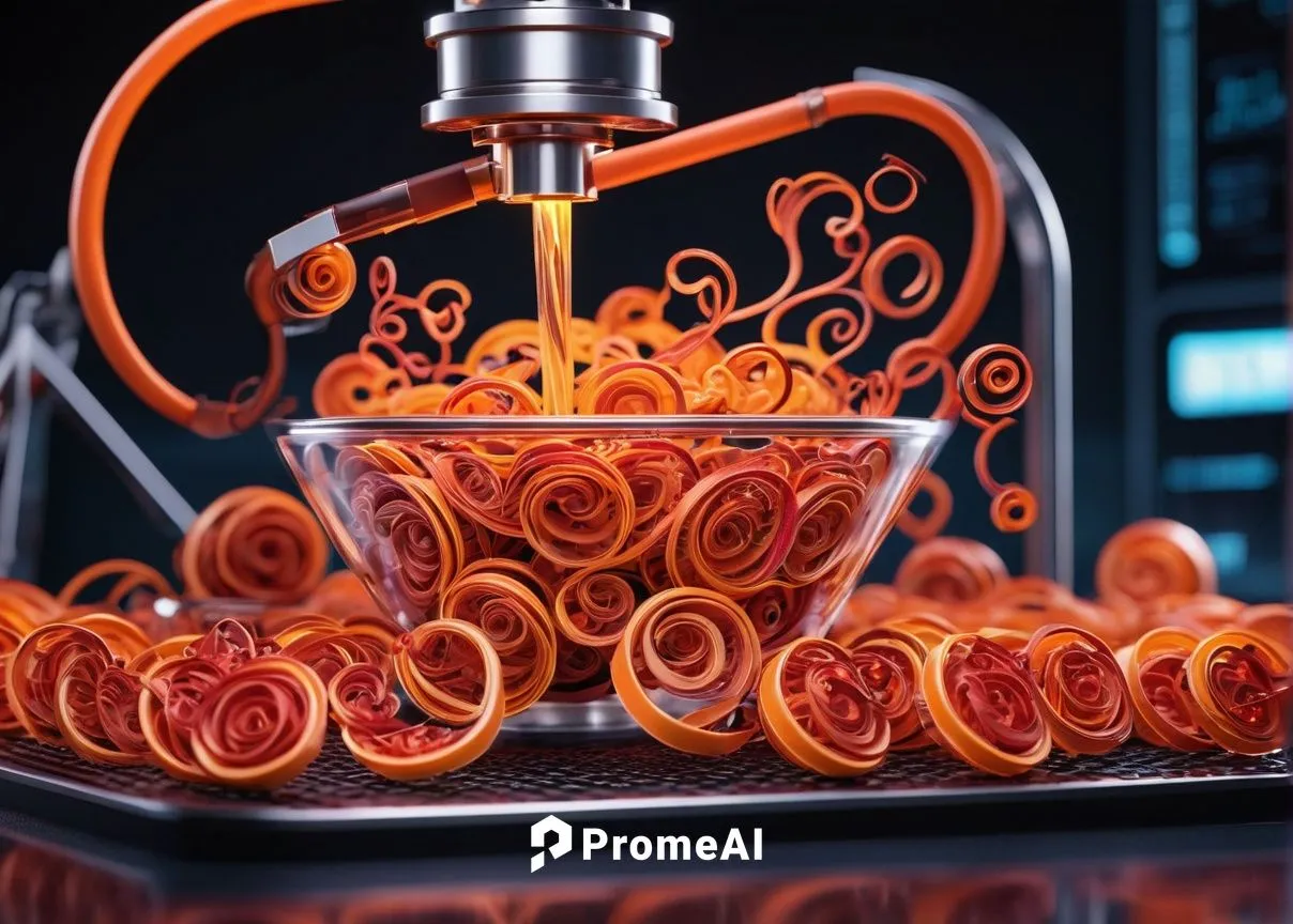 Blood orange mix AI, futuristic laboratory, sci-fi setting, glass beaker, metal equipment, wires, LED lights, robotic arm, mixing process, chemical reaction, vibrant blood orange color, swirling mixtu