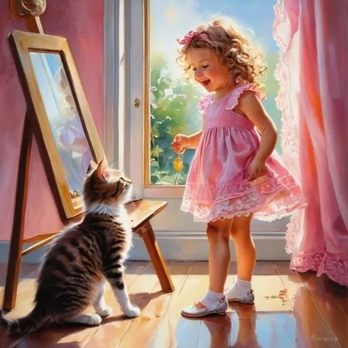 cat lovers,tenderness,little boy and girl,art painting,oil painting,little girl in pink dress,oil painting on canvas,little girls,painter,little girl and mother,innocence,romantic portrait,child portr