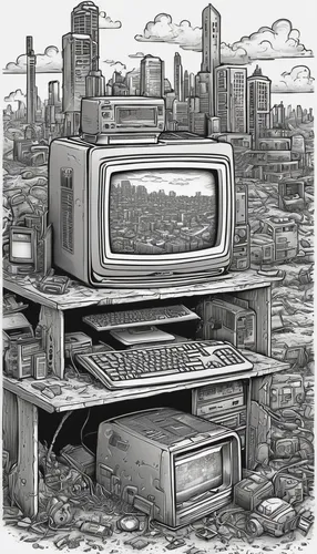 Imagine a desktop computer in a post-apocalyptic world.,electronic waste,post apocalyptic,post-apocalypse,post-apocalyptic landscape,dystopia,industries,dystopian,computer system,obsolete,wasteland,co