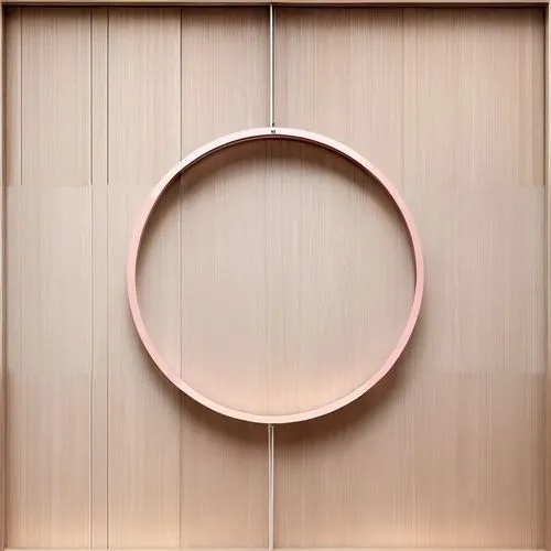 pale pink and coral, light wood slats, bakery, modern minimalist,circle shape frame,circular ornament,wooden rings,wood mirror,semi circle arch,circular,pink round frames,circular puzzle,circular ring