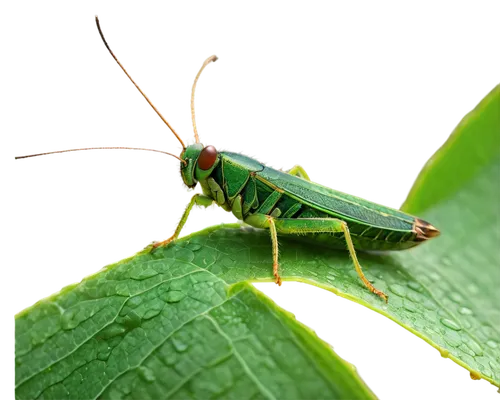 Cricket insect, nocturnal creature, green body, large wings, long antennae, standing on leaf, subtle movement, soft focus, naturalistic texture, morning dew, warm lighting, shallow depth of field, 3/4