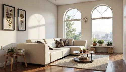 Modern living room, sleek minimalist furniture, creamy white walls, polished hardwood floors, floor-to-ceiling windows, natural light pouring in, cozy reading nook, plush area rug, comfortable sofas, 