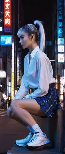 AIa, futuristic girl, robotic components, glowing blue circuits, ponytail, silver hair clips, white blouse, plaid skirt, black leggings, sneakers, sitting, laptop, coding, neon cityscape, Tokyo street