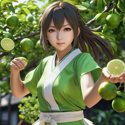 flying anime character,japanese style,girl,limes,an animated image of a  with long hair and green dress,asian green oranges,green oranges,midori,green apples,limes,xiaoyu,Photography,General,Realistic