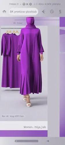 3d fashion drawing of women dress fashion Muslim hijab with the pelisee and pleats on the end of dress with  purple colour by 4k,the website shows that it's being used by women,purple rizantém,purple 