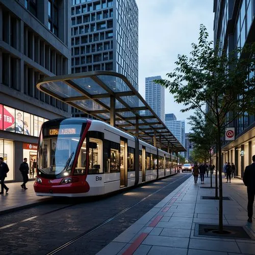 Modern tram station, sleek glass fa\u00e7ade, minimalist design, stainless steel columns, cantilevered roofs, LED lighting systems, futuristic architecture, urban cityscape, busy streets, pedestrian w