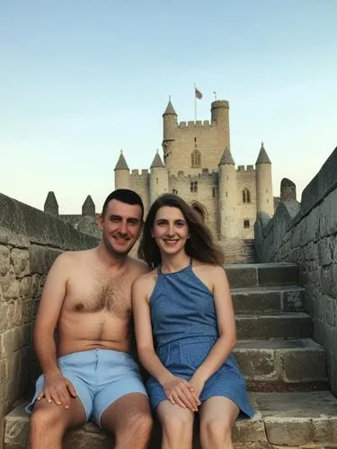 A lovely reminder of my summer vacation in England, which I spent this year with my great friends Orion Ashford and Elara Silberstern.,a man and woman are sitting in front of a castle,honeymooning,hon