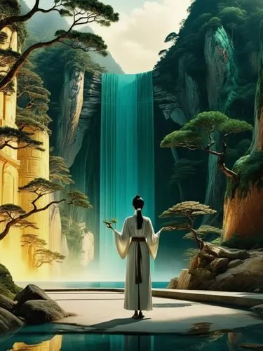 In a surreal landscape, a woman dressed in a white robe stand tall, holding a gold lacquer in her hand. The painting depicts a serene forest filled with green plants and lush greenery, that contrasts 