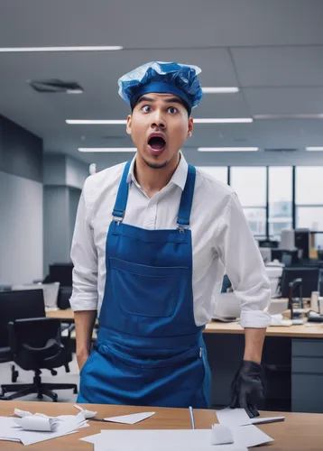 Craft a humorous skit where Nom￨tre is a clumsy janitor causing chaos in a fancy office building.,blue-collar worker,men chef,blur office background,chef hats,chef,chef hat,employee,sales person,white