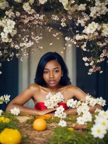 a beautiful woman sitting in front of fruit and flowers,orange blossom,girl in flowers,maraj,beautiful girl with flowers,blossomed,blossoming