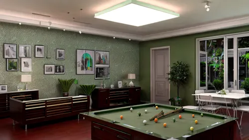 living room with parquet floor, walls of green and white wallpaper with flowers; modern furniture, night interior lighting,billiard room,recreation room,billiard table,carom billiards,english billiard