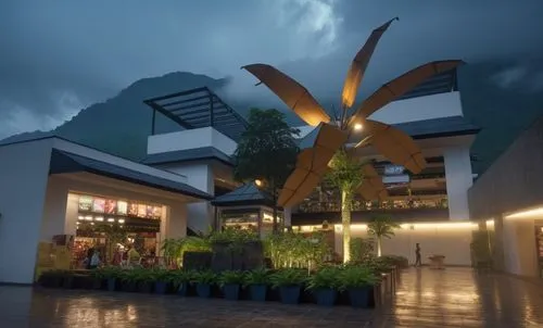 vista de centro comercial,muchas personas comprando,vegetacion selvatica ,montañas al fondo inicia noche,gran ambiente,ratulangi,enderun,tropical house,3d rendering,modern house,indovision,brawijaya,c