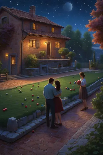 croquet,romantic scene,pitch and putt,bocce,night scene,evening atmosphere,romantic night,summer evening,playing outdoors,snooker,landscape lighting,grant wood,game illustration,fantasy picture,golf resort,feng-shui-golf,golf landscape,home landscape,golf lawn,golf course background,Illustration,Realistic Fantasy,Realistic Fantasy 27