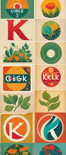 Create a Circle K logo inspired by nature and its vibrant colors.,vintage labels,vintage papers,vintage wallpaper,silk labels,matruschka,60s,patterned labels,vintage paper,travel poster,retro 1950's c