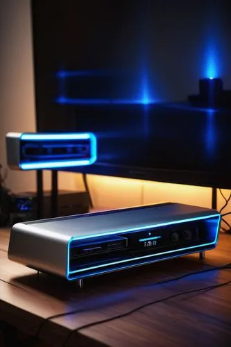 Modern console, sleek futuristic design, LED lights strip, metallic silver body, angular lines, vented sides, glowing blue accents, minimalist buttons layout, compact size, placed on a wooden desk, su