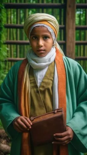 a man in a green robe is holding his hands on his chest,abdulrahman,nasir,pakistani boy,salim,muhibbah,middle eastern monk,Photography,General,Realistic