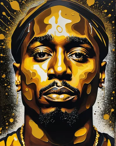 Masterpiece, ferrofluid ink drawing of Tupac Shakur, multi exposure, liquid gold splatter, by Agnes Cecile|Walt Disney, psychodelic 70s background inspired by Mucha|Miro,  8k, UHD,vector illustration,