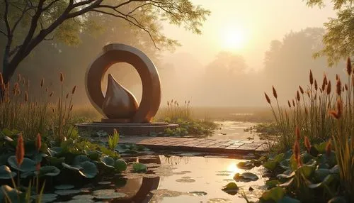 lotus stone,arenanet,pond,sundial,zen garden,crescent spring,garden sculpture,japanese garden ornament,japanese zen garden,hastata,streamwood,sculpture park,pond flower,stone lotus,3d render,biopiracy,morrowind,serene,druid stone,3d rendered,Photography,General,Realistic