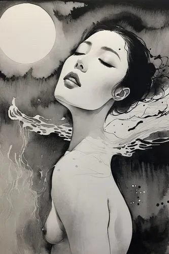 charcoal drawing,ink painting,ugetsu,charcoal pencil,tura satana,viveros,vanderhorst,siren,charcoal,sirene,sumi,lacombe,jianfeng,jianying,geisha girl,hoshihananomia,tomie,witkin,underpainting,pencil drawings,Illustration,Paper based,Paper Based 30