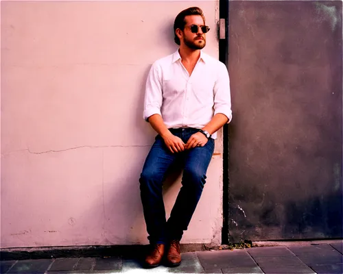 Guy, smoking, mature man, solo, (30yo), beard, messy brown hair, sunglasses, white shirt, rolled up sleeves, dark jeans, boots, relaxed posture, leaning against wall, city street, afternoon sunlight, 