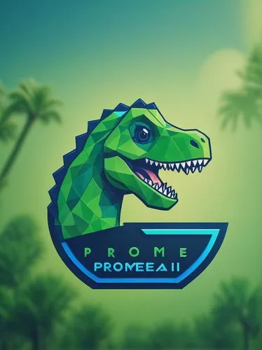 Logo for Promeai on the theme of a green dinosaur with blue outlines, in the style of playful geometry, pixel perfect,a dinosaur holding a sign that reads prom prome,prempro,prosauropod,prosauropods,p