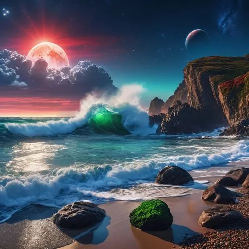 fantasy picture,ocean background,full hd wallpaper,fantasy landscape,alien planet,seascape,ocean paradise,moon and star background,alien world,dreamscape,rocky beach,sea landscape,photo manipulation,beach landscape,dark beach,nature wallpaper,the endless sea,emerald sea,coastal landscape,windows wallpaper,Photography,General,Realistic