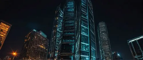 Modern skyscraper, futuristic building, metallic structure, glass façade, neon lights, cityscape, night view, 3/4 composition, low-angle shot, dramatic lighting, reflective surface, sleek lines, geome