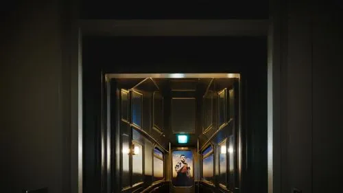 this is an image of the hallway leading into the elevator,levator,hallway,corridor,jetway,corridors,elevator,passageway,the threshold of the house,hallway space,elevators,metallic door,room door,passt