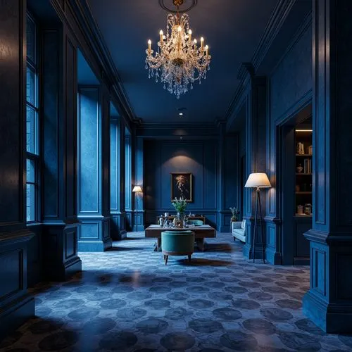 blue room,hallway,baccarat,hallway space,danish room,enfilade,foyer,blue lamp,victorian room,ornate room,chambre,anteroom,interior design,interior decoration,fromental,entrance hall,hotel hall,great room,corridors,royal interior